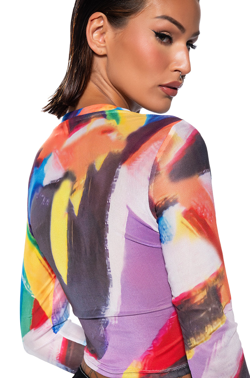 ABSTRACT ART LONG SLEEVE MESH TOP