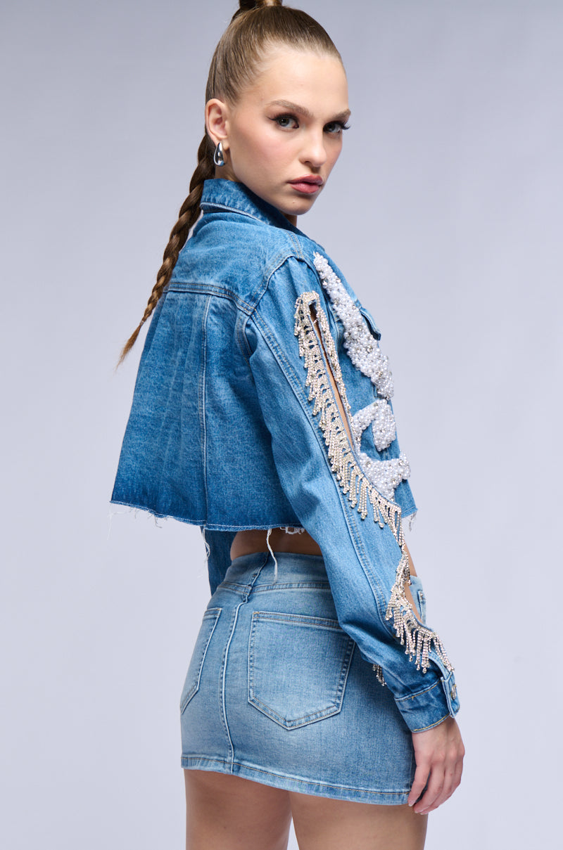 TEXAS BOUND RHINESTONE FRINGE PEARL CROP DENIM JACKET WITH CUT OUT SLEEVE