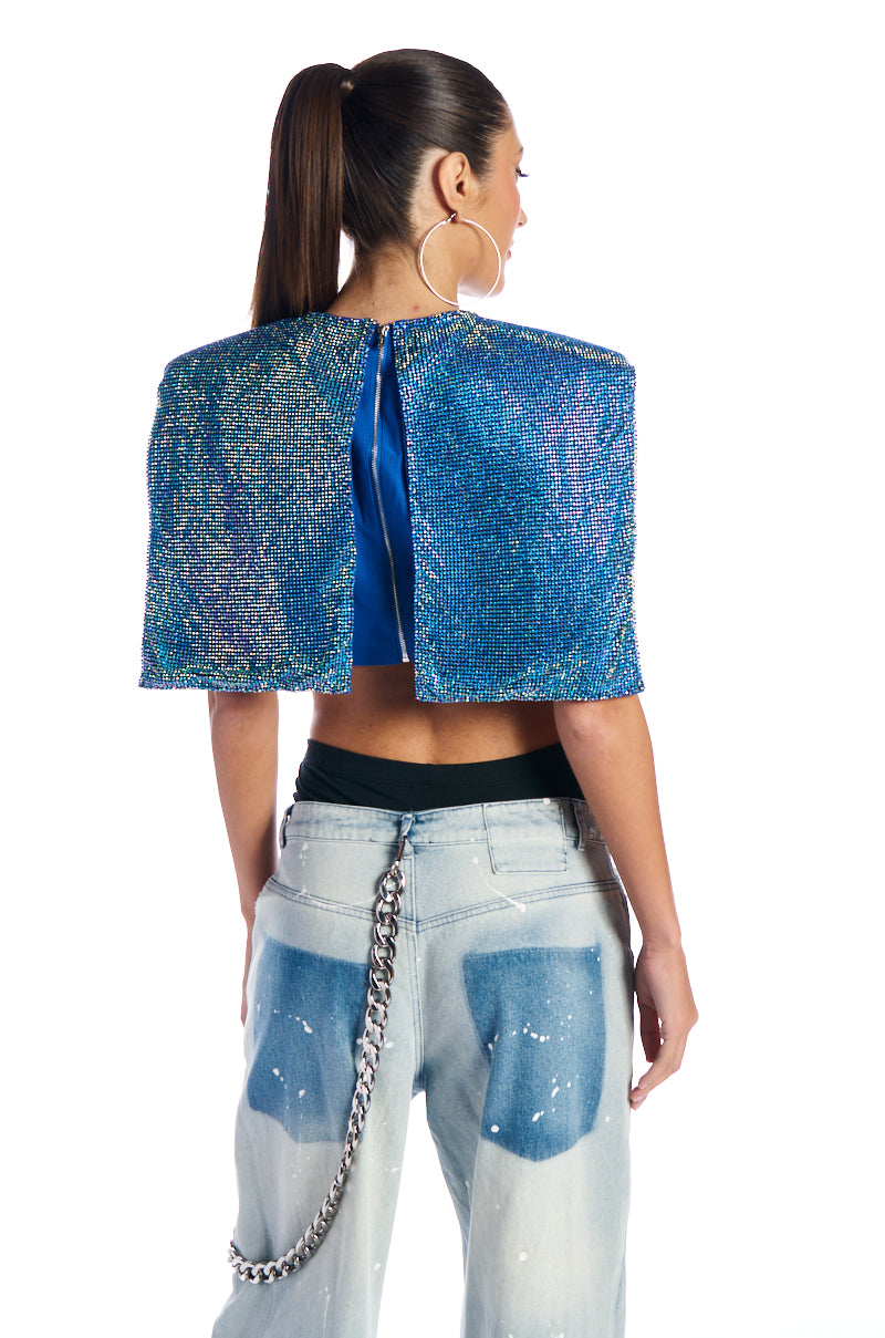 DISCO BABE SLEEVELESS RHINESTONE CROP TOP IN BLUE