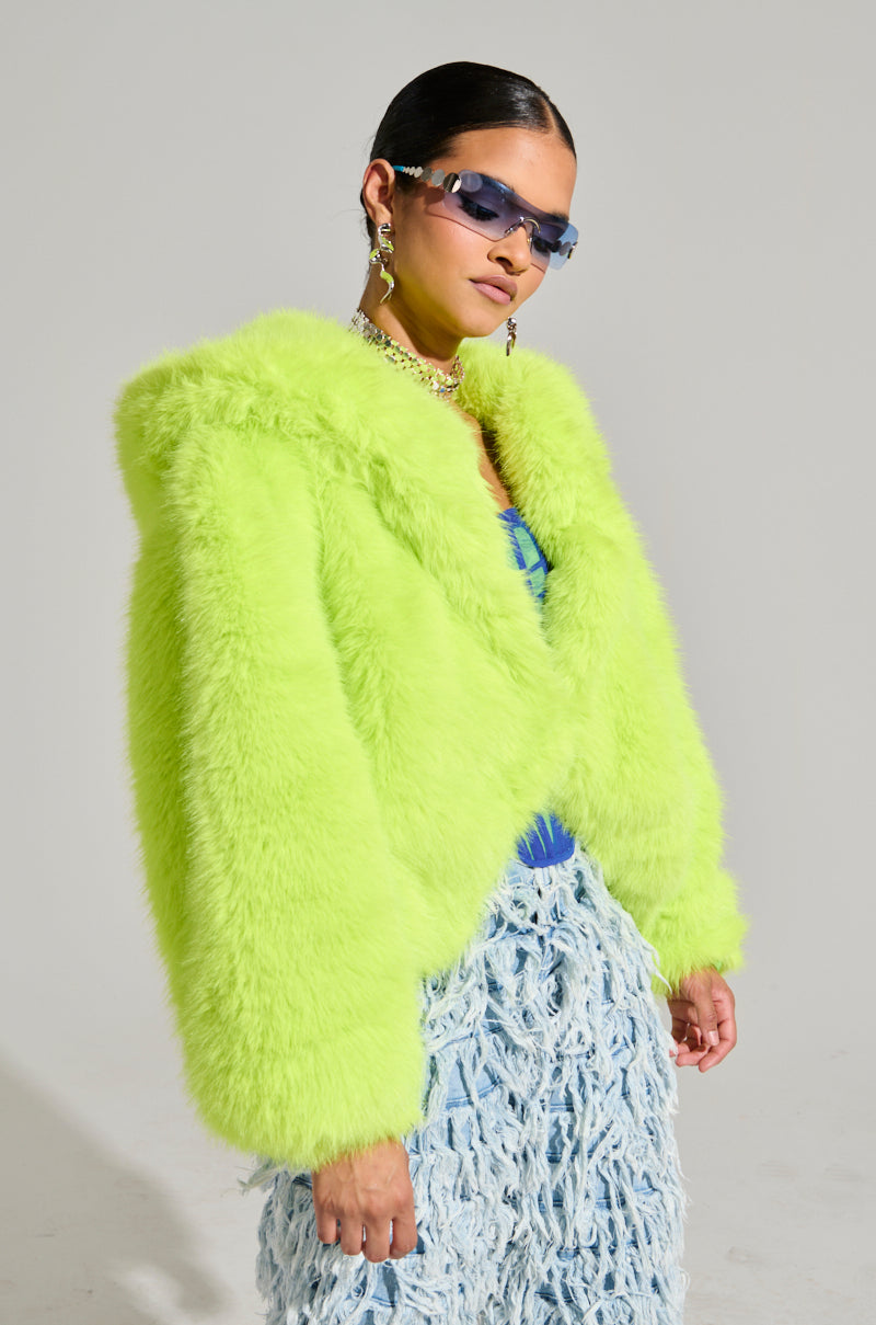 LANA HOODED FAUX FUR COAT IN LIME