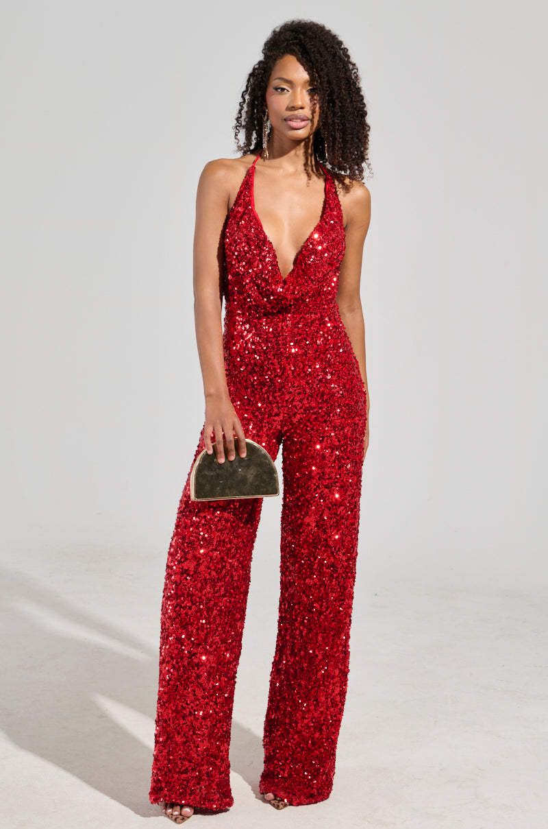 JODIE SCOOP NECK SEQUIN JUMPSUIT IN RED