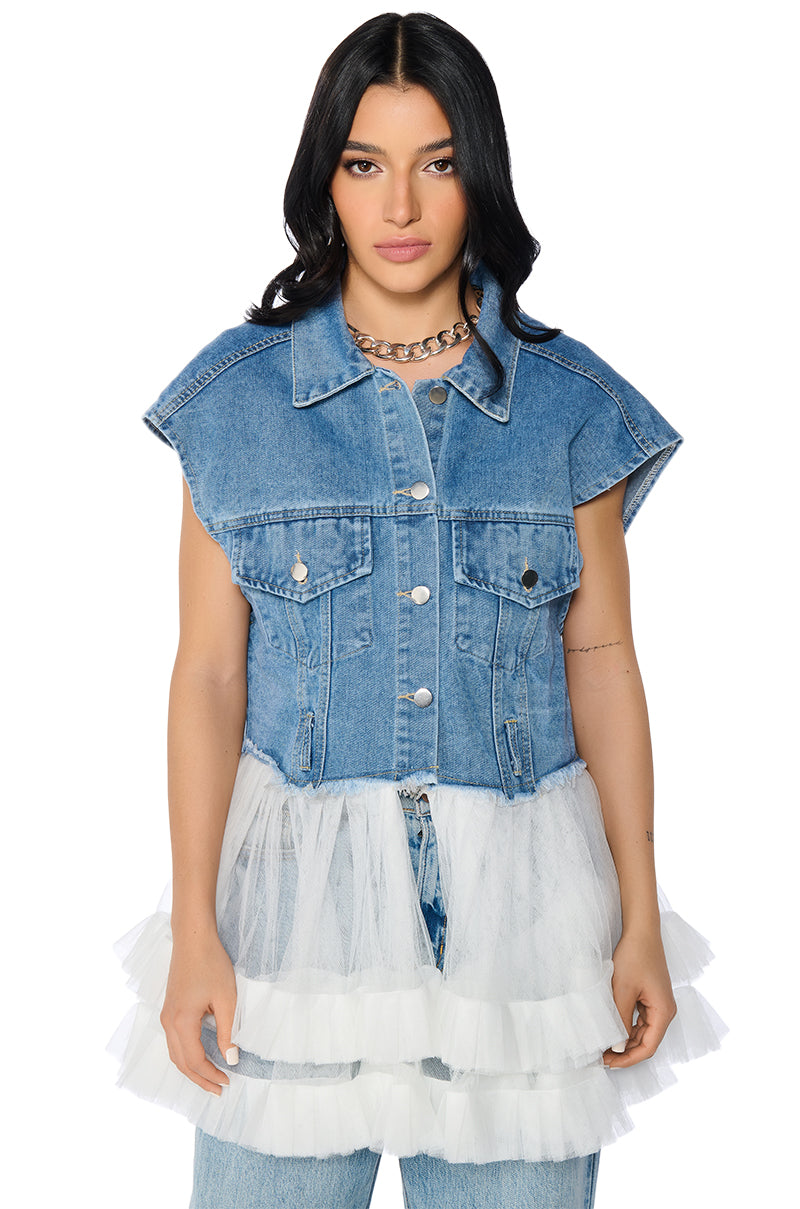 TULLE PEPLUM DENIM VEST