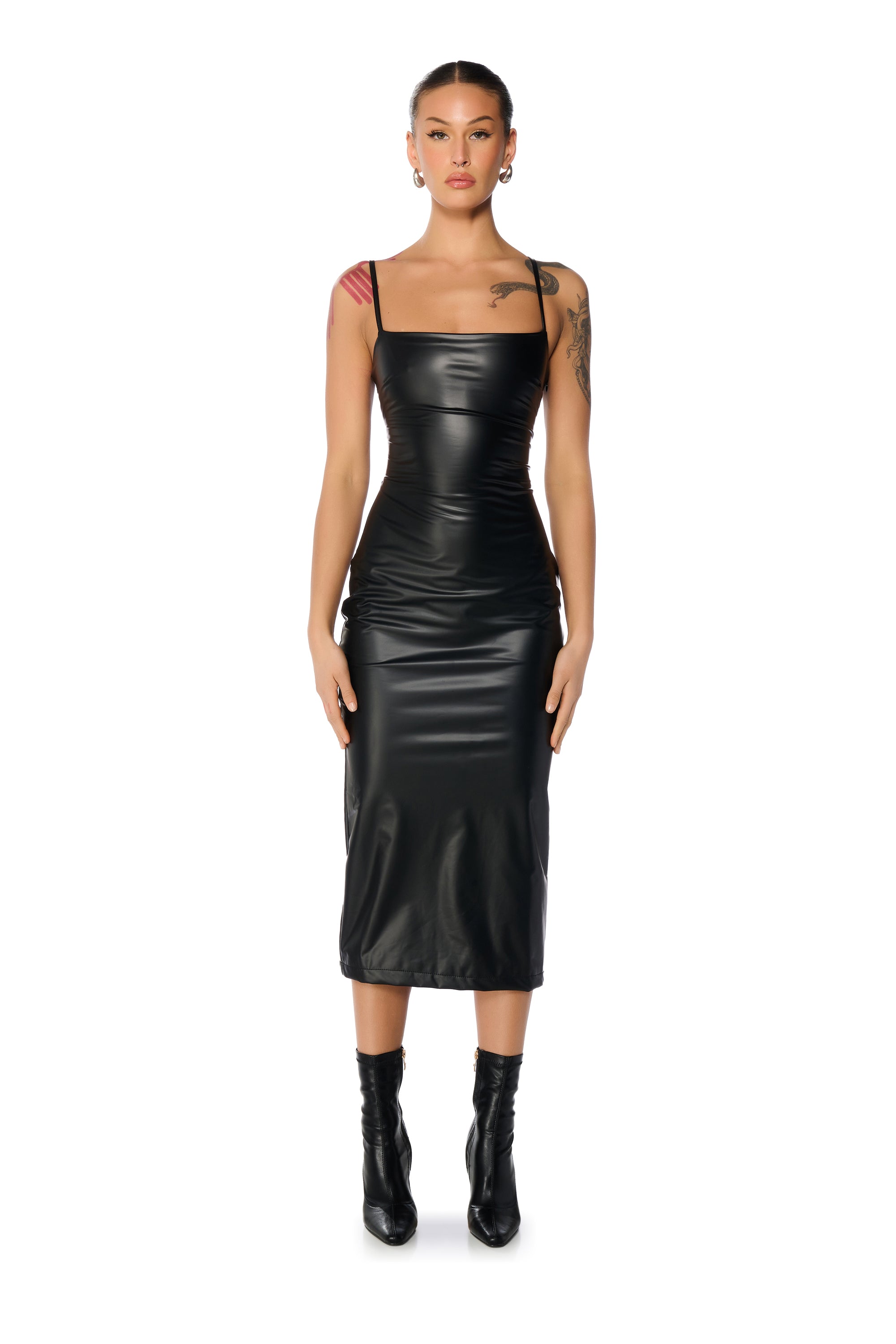 REBECCA STRAPPY PU MIDI DRESS