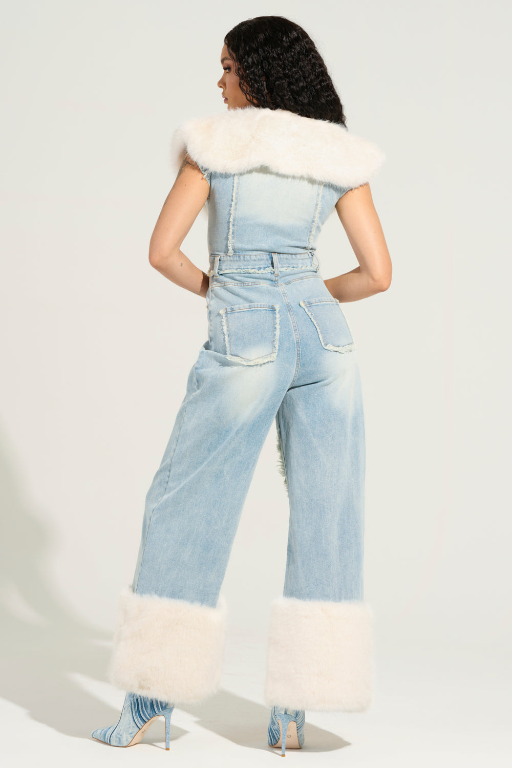 TALK THAT TALK DENIM FUR JUMPSUIT