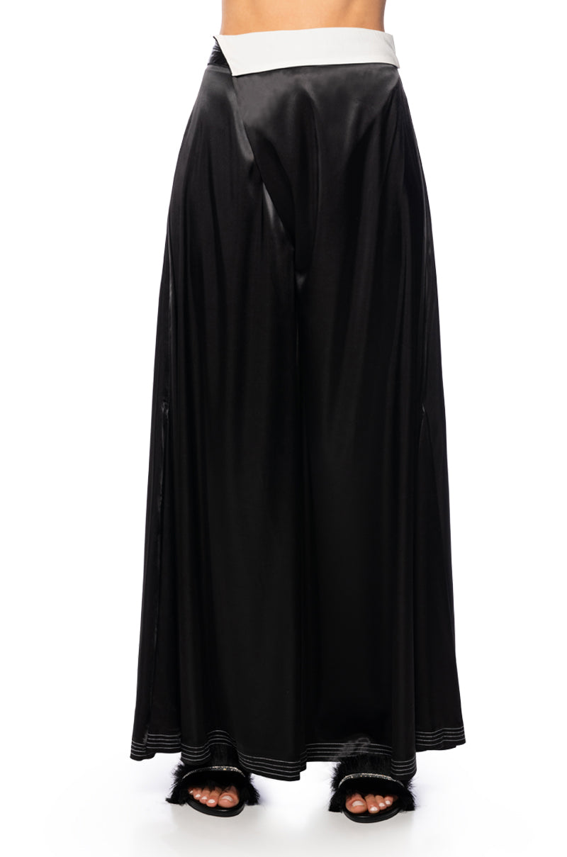 RISKY BUSINESS WRAP AROUND WIDE LEG SATIN PANT