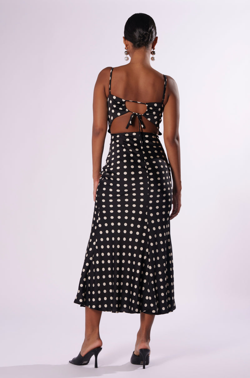 NANCY SATIN POLKA DOT MIDI DRESS