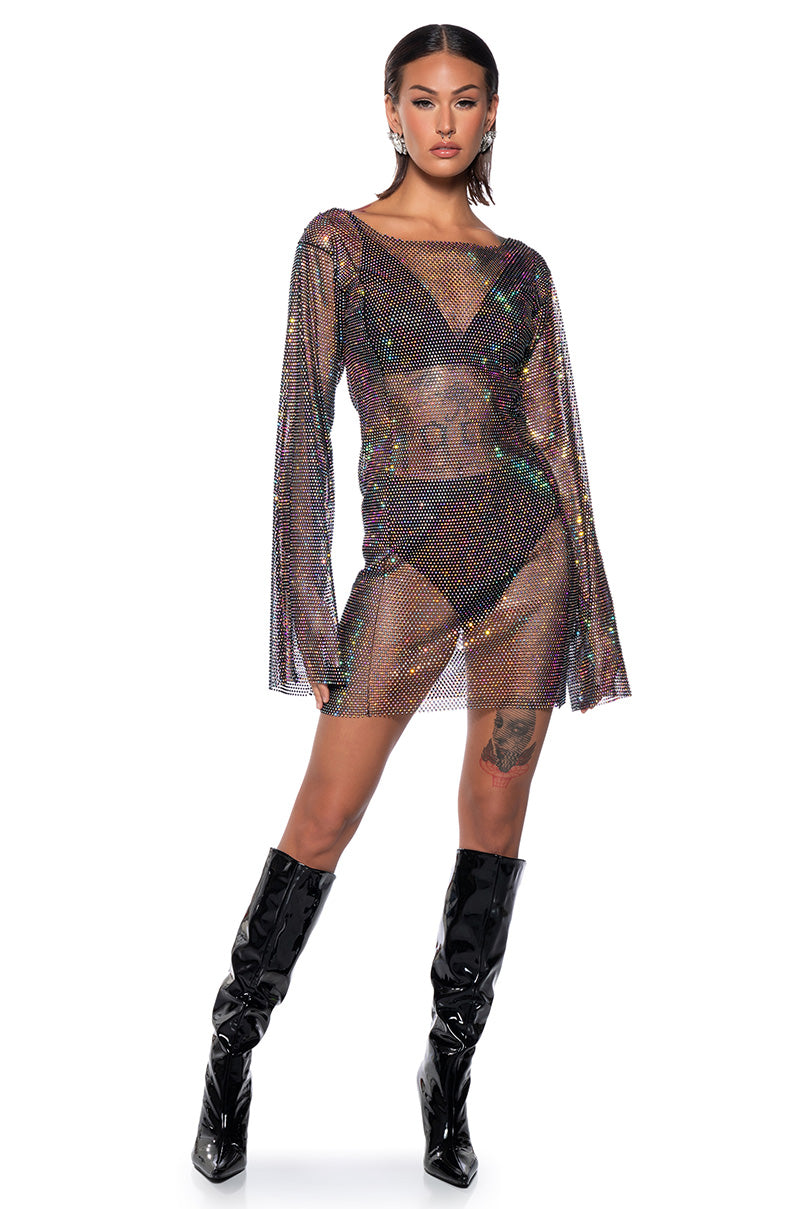 ANAIS RHINESTONE MESH LONG SLEEVE MINI DRESS IN BLACK