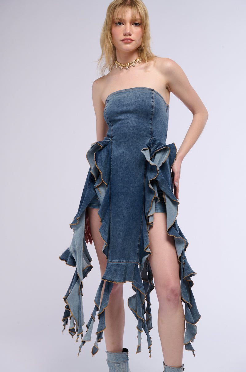 FEELIN FLIRTY RUFFLE DENIM TOP