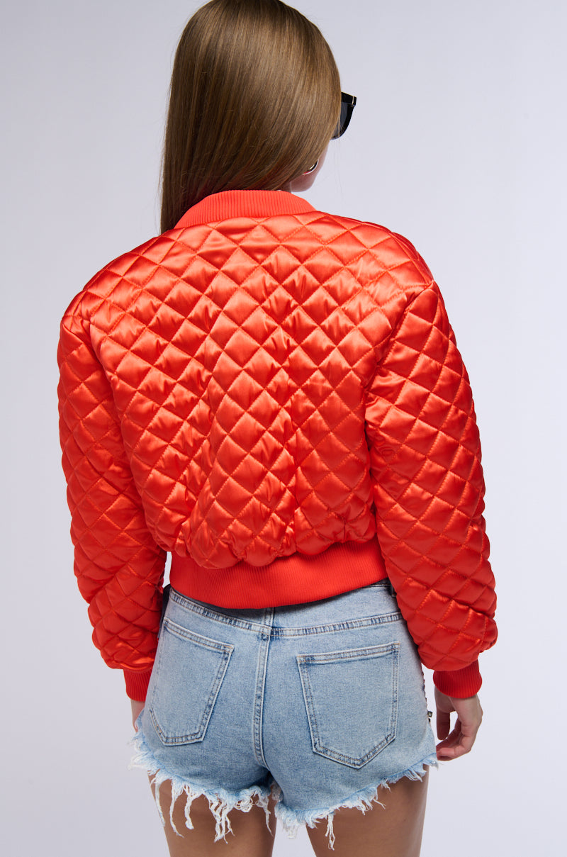 NEVER BETTER QUILTED SATIN BOMBER IN RED