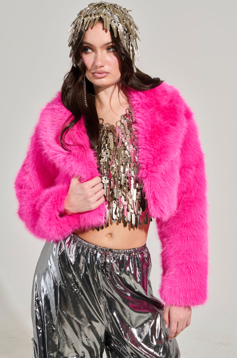 LIGHTS OUT CROPPED FAUX FUR JACKET IN PINK