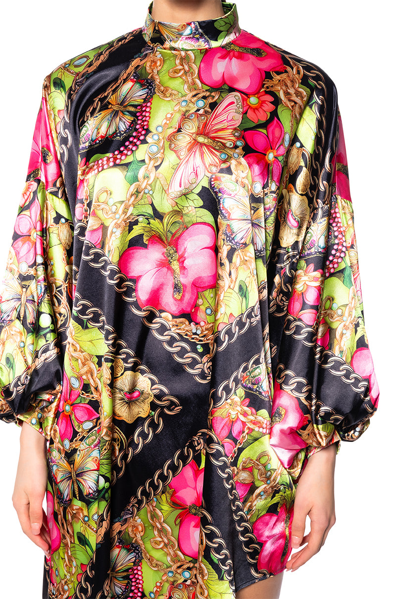 TROPICAL VACATION PRINT SATIN MAXI DRESS IN GREEN MULTI