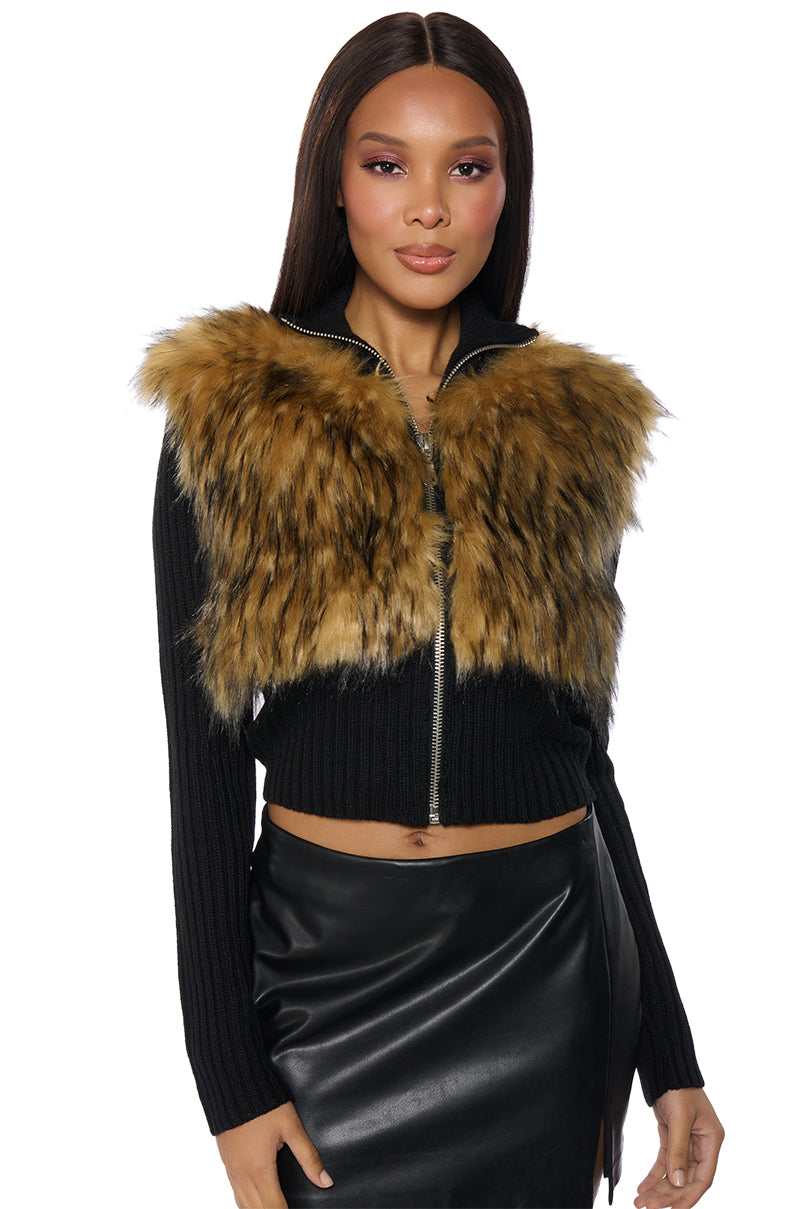 COLDEST WINTER ZIP UP FAUX FUR TRIM KNIT SWEATER IN BLACK MULTI