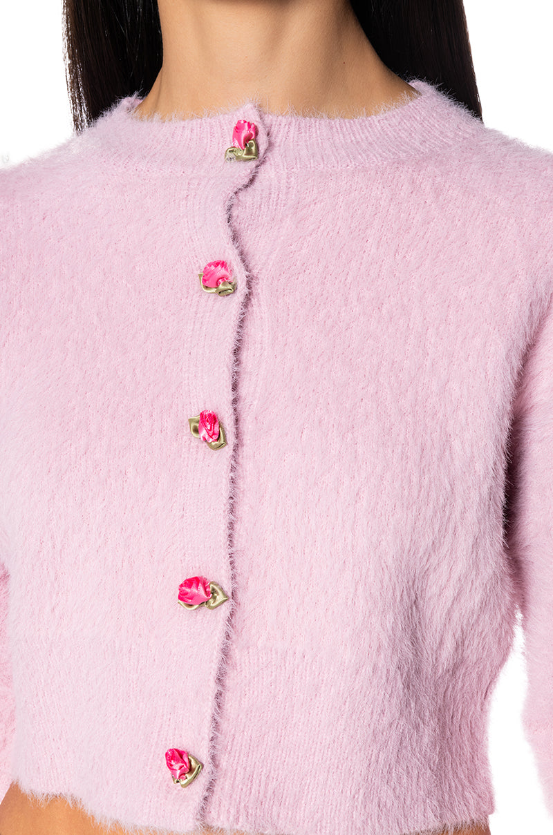 TOO CUTE FLOWER BUTTON FUZZY CARDIGAN