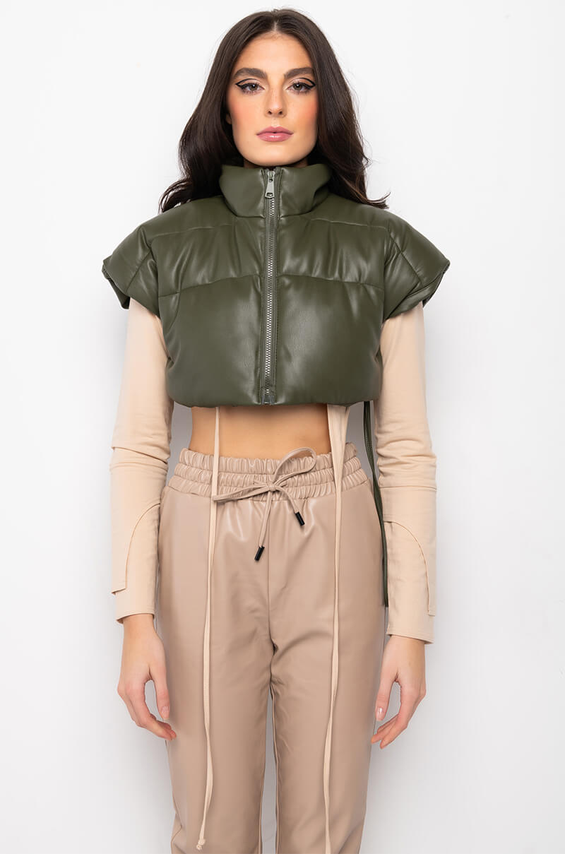 ULTRA CROP PU VEST WITH PULL STRINGS IN OLIVE