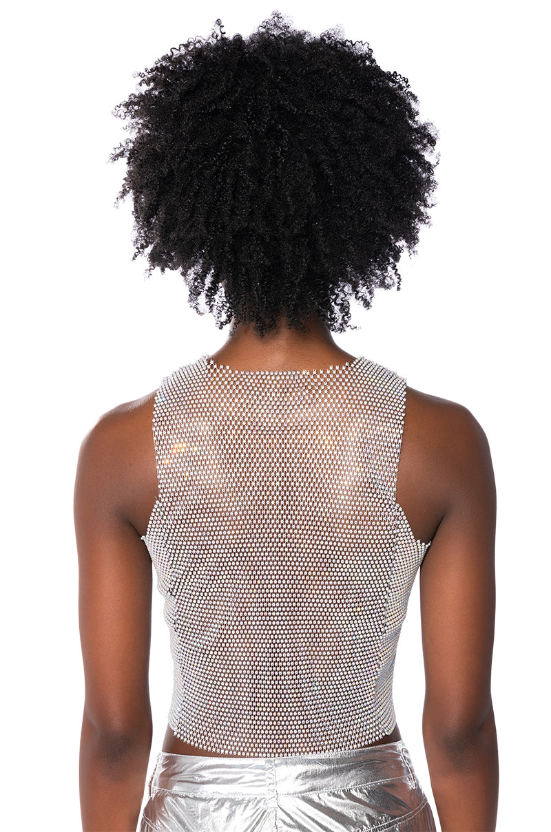 ZELDA RHINESTONE MESH SLEEVELESS TOP IN GREY