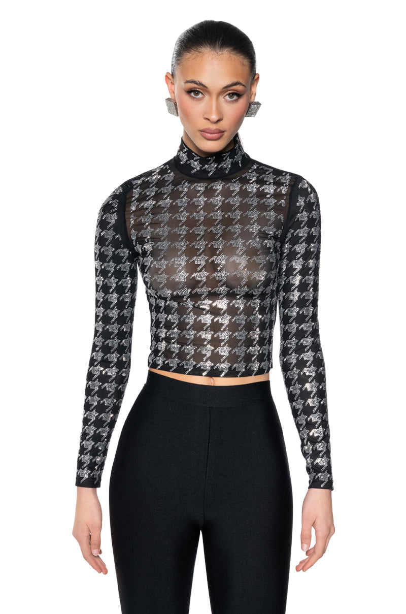 HOUNDSTOOTH GLAMOUR MOCK NECK LONG SLEEVE MESH TEE