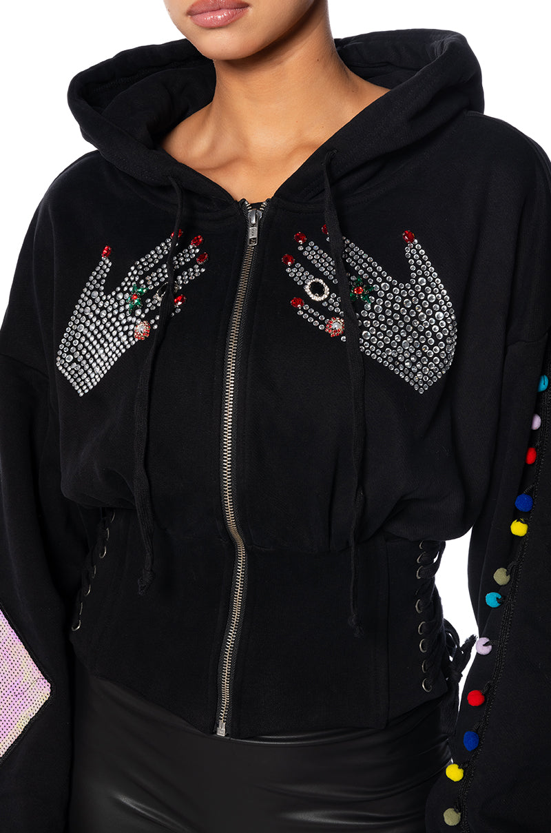 HANDS ALL OVER LACE UP HOODED SWEATSHIRT