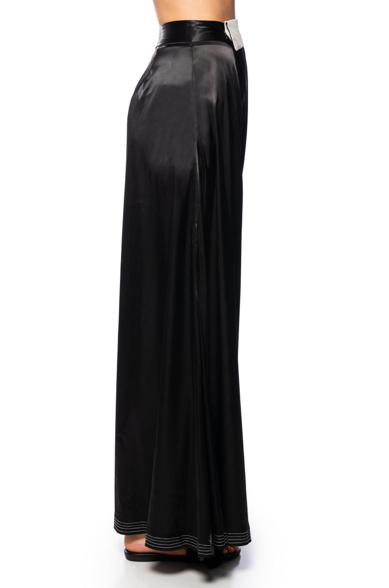 RISKY BUSINESS WRAP AROUND WIDE LEG SATIN PANT