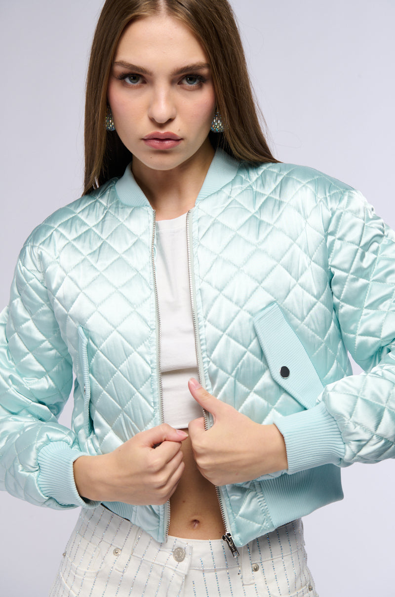 NEVER BETTER QUILTED SATIN BOMBER IN MINT