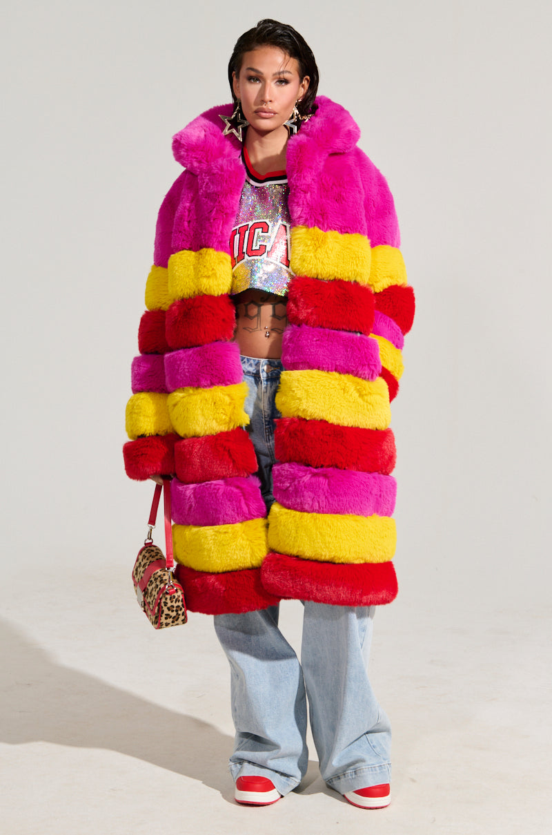 RAMI MULTI COLOR FAUX FUR PANEL TRENCH COAT