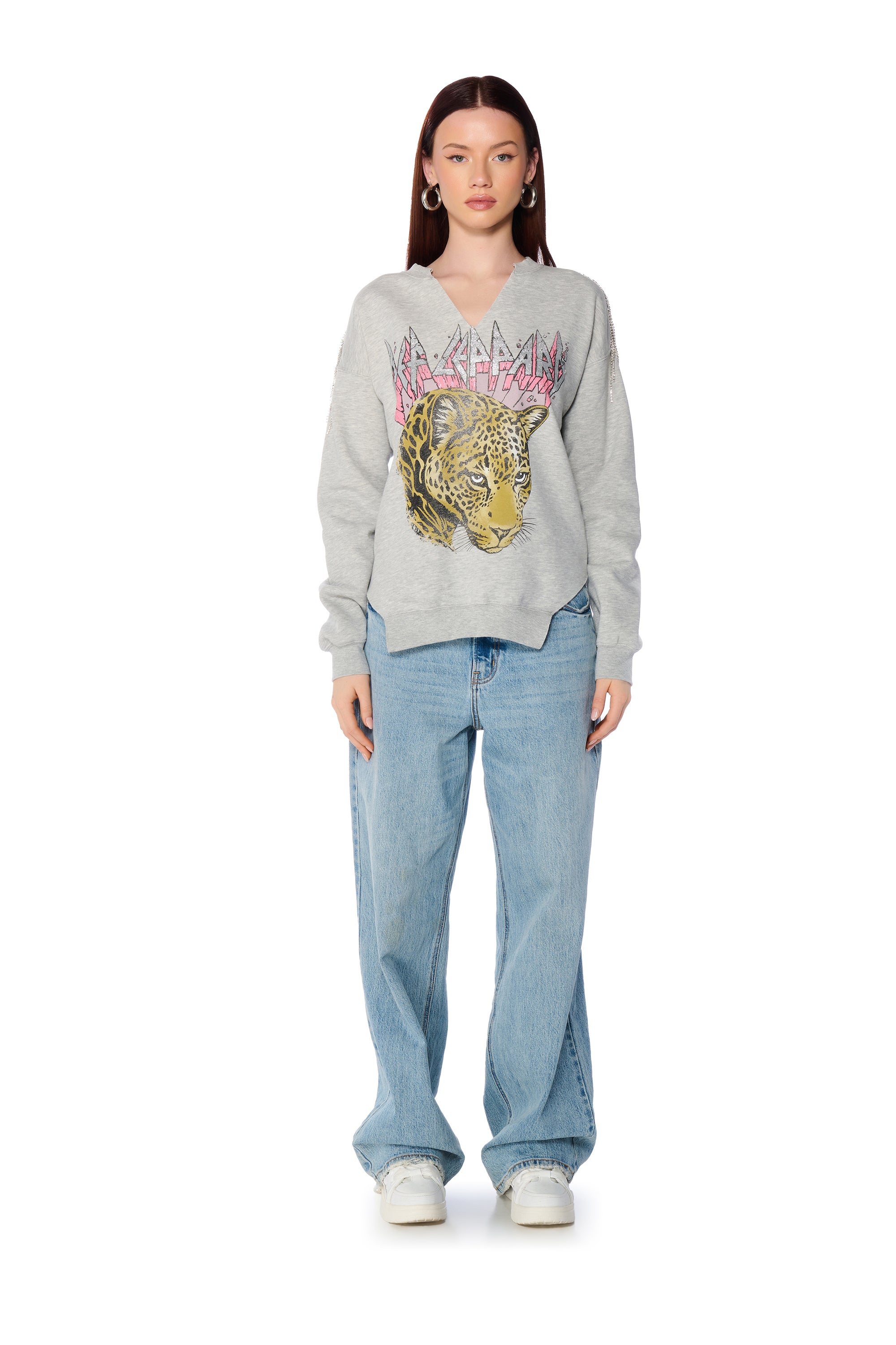 DEF LEPPARD RHINESTONE FRINGE TRIM SWEATSHIRT