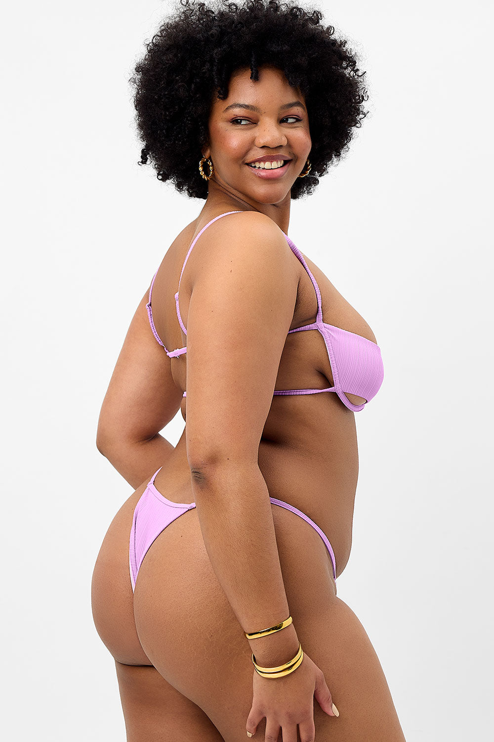 Harmony Plissé Thong Bikini Bottom - Wisteria