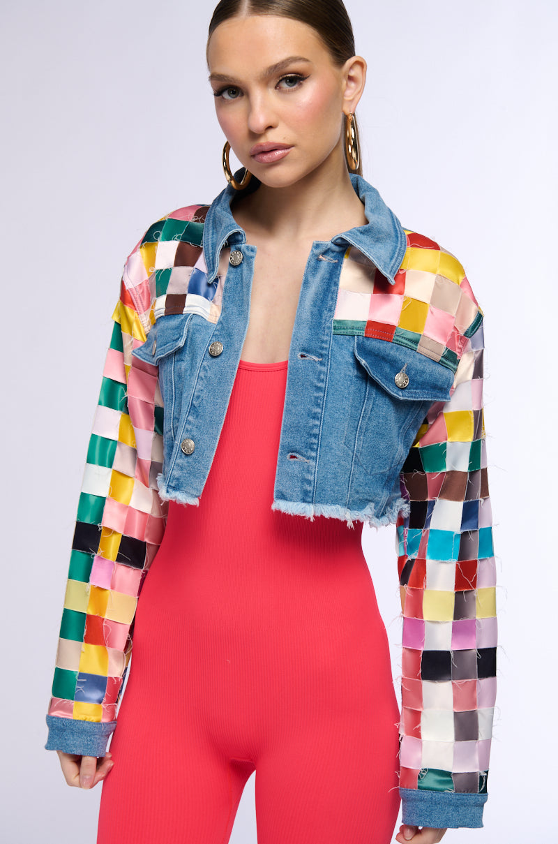 SATIN CHECKERED WEAVE CROP DENIM JACKET