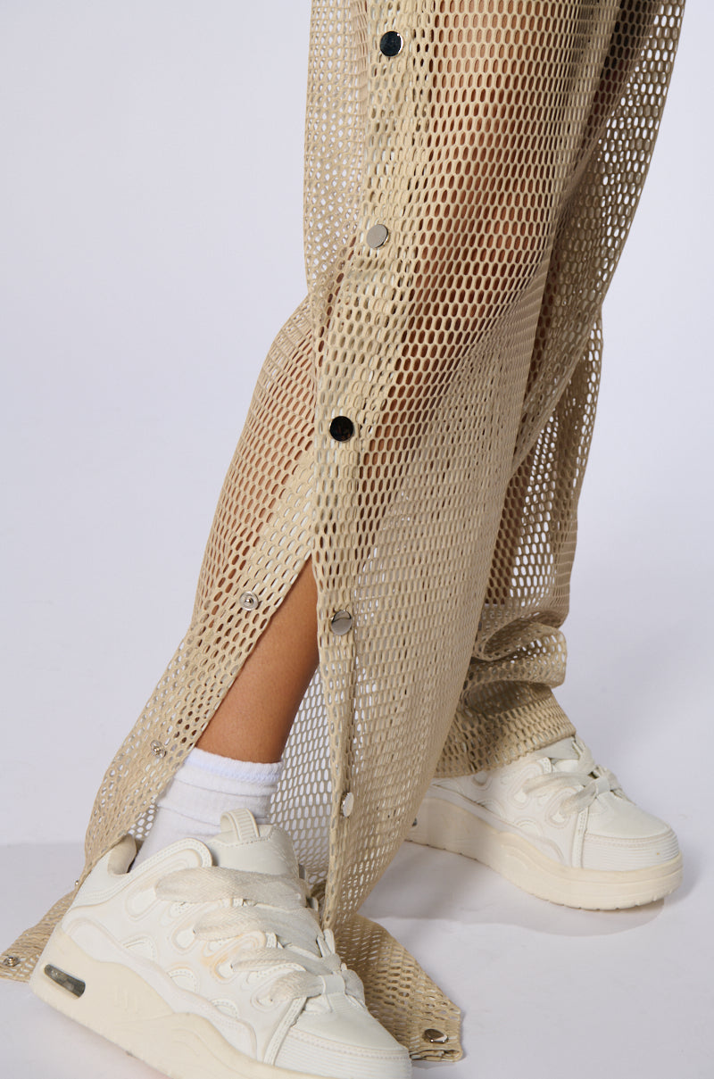 ALL THAT MESH WIDE LEG SNAP PANTS IN BEIGE