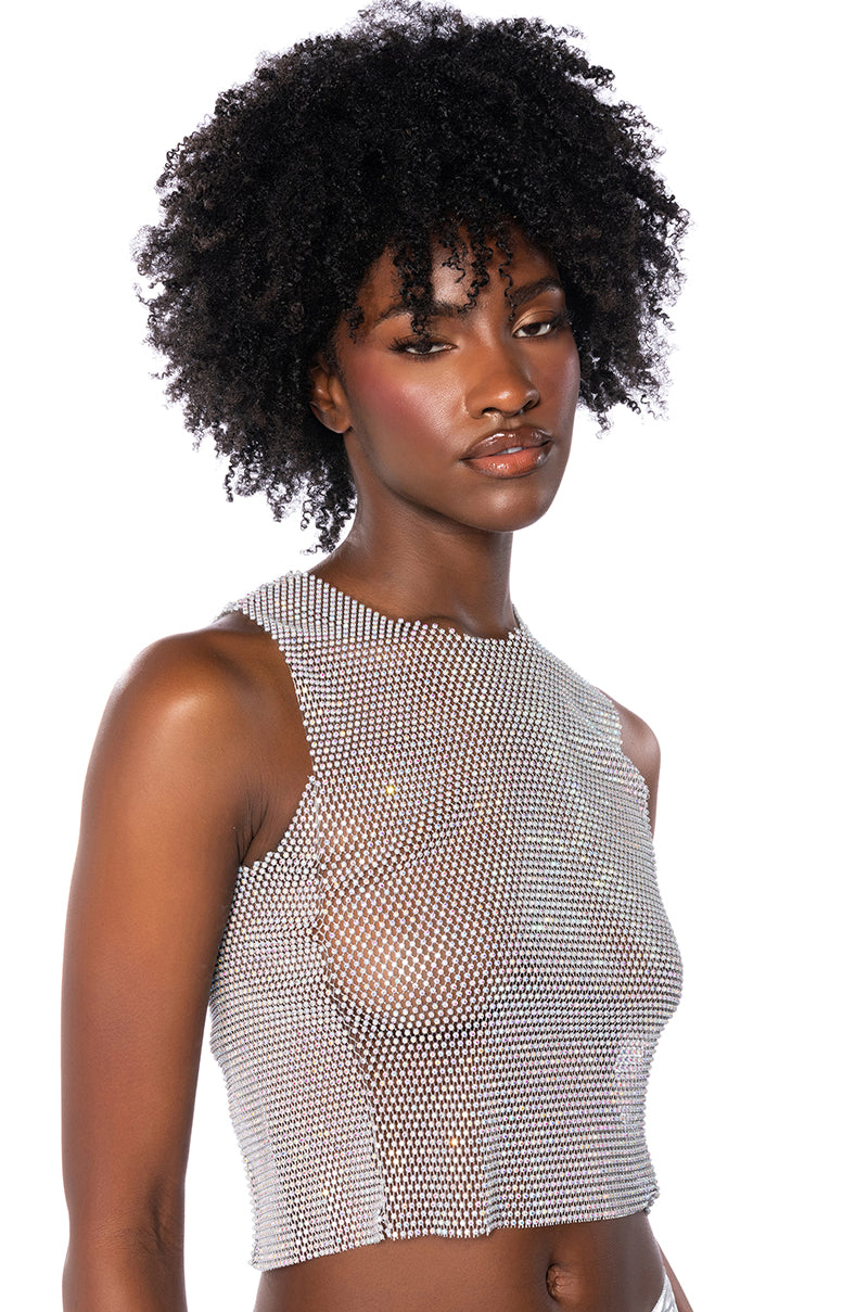 ZELDA RHINESTONE MESH SLEEVELESS TOP IN GREY