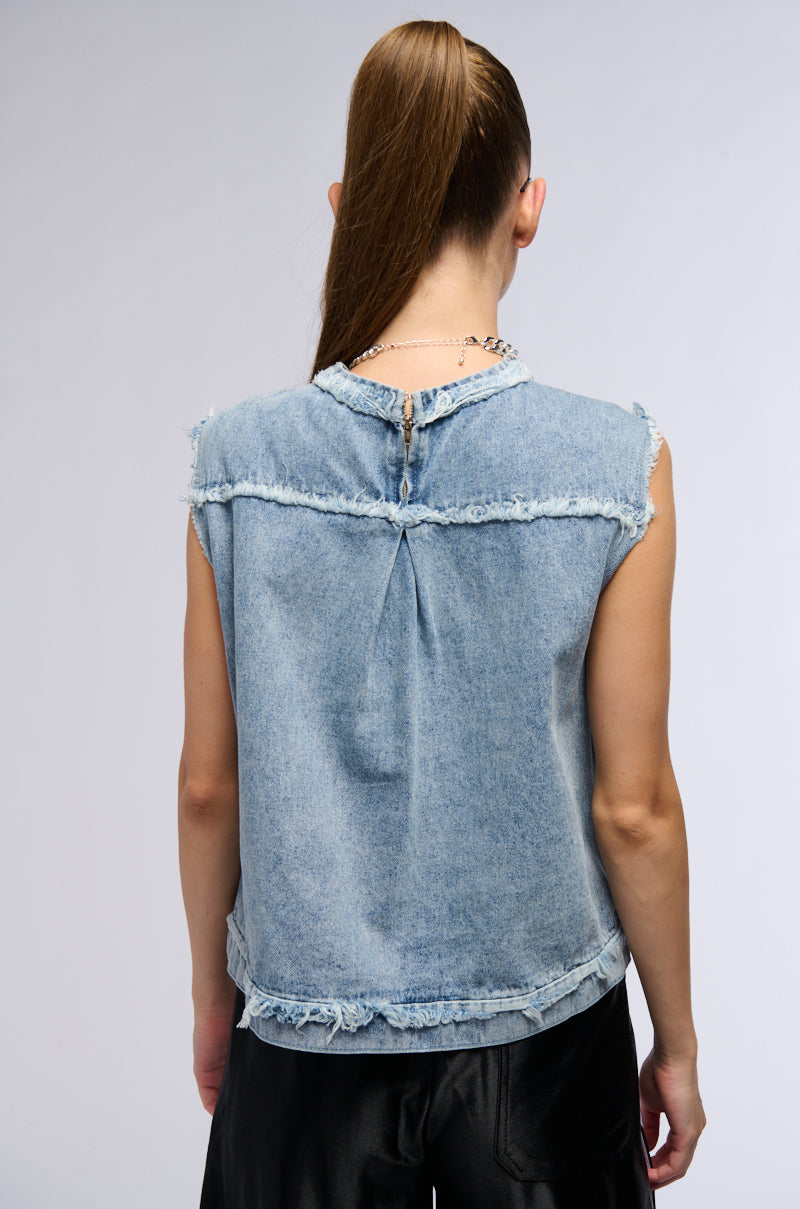 NONE OF YOUR BUSINESS SLEEVELESS DISTRESSED DENIM TOP