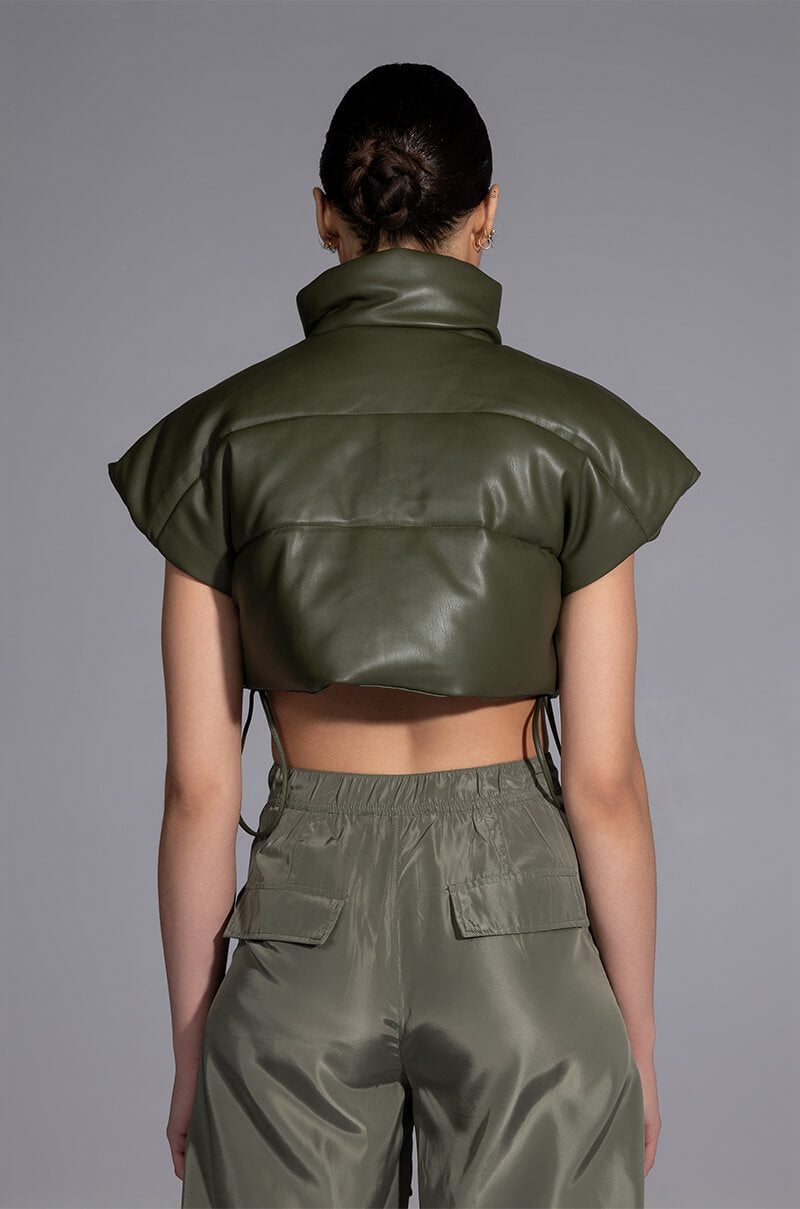 ULTRA CROP PU VEST WITH PULL STRINGS IN OLIVE