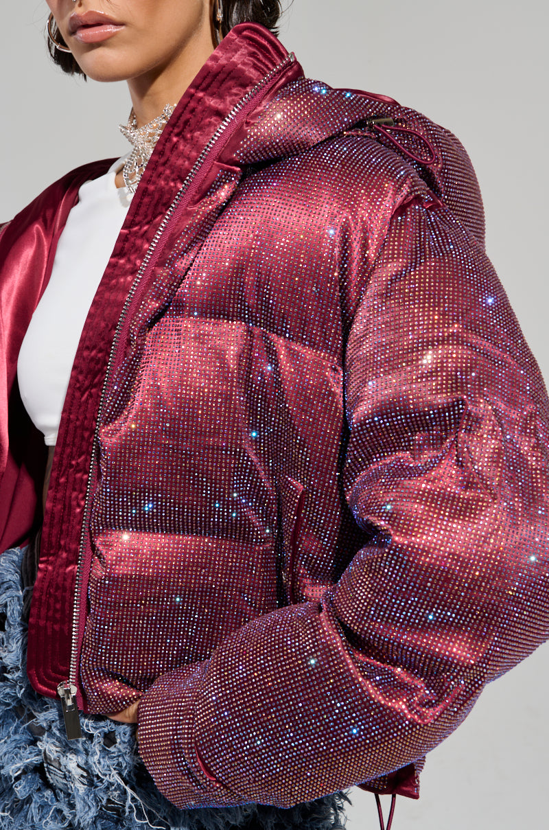 FAYE RHINESTONE PUFFER IN BURGUNDY