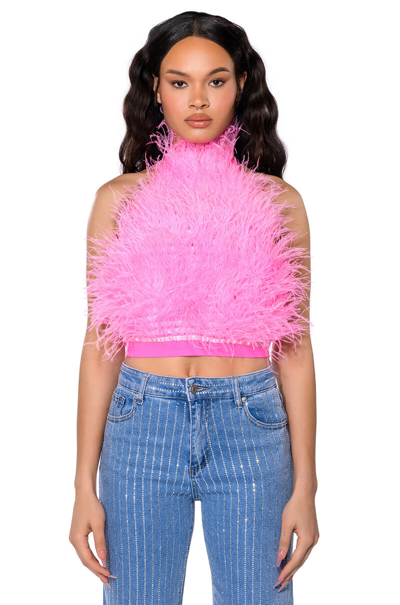 GENUINE OSTRICH FEATHER SLEEVELESS CROPPED HALTER BLOUSE