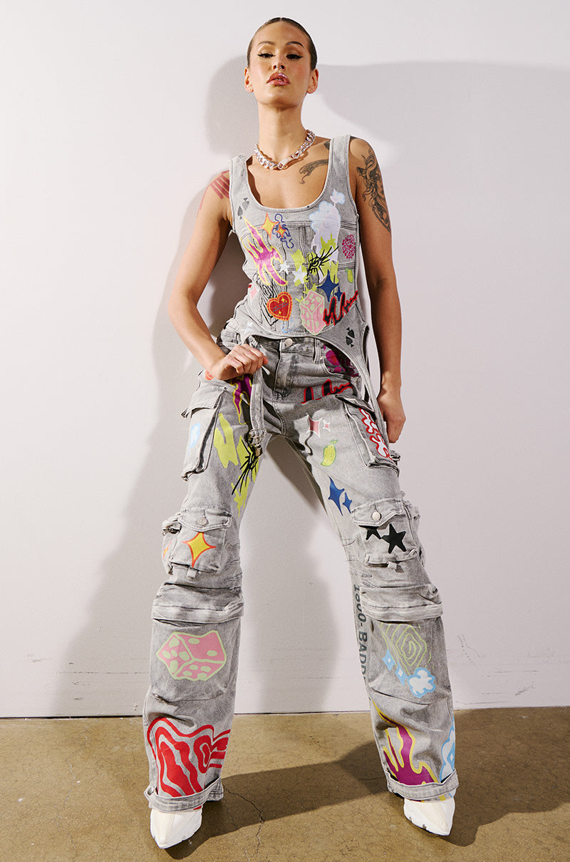 GRAFFITI DETAIL DENIM CORSET TOP