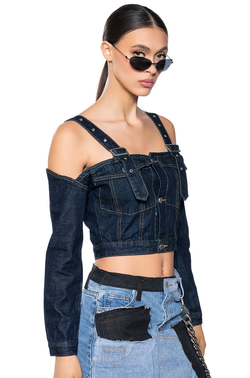 SWEETIE COLD SHOULDER RAW DENIM JACKET