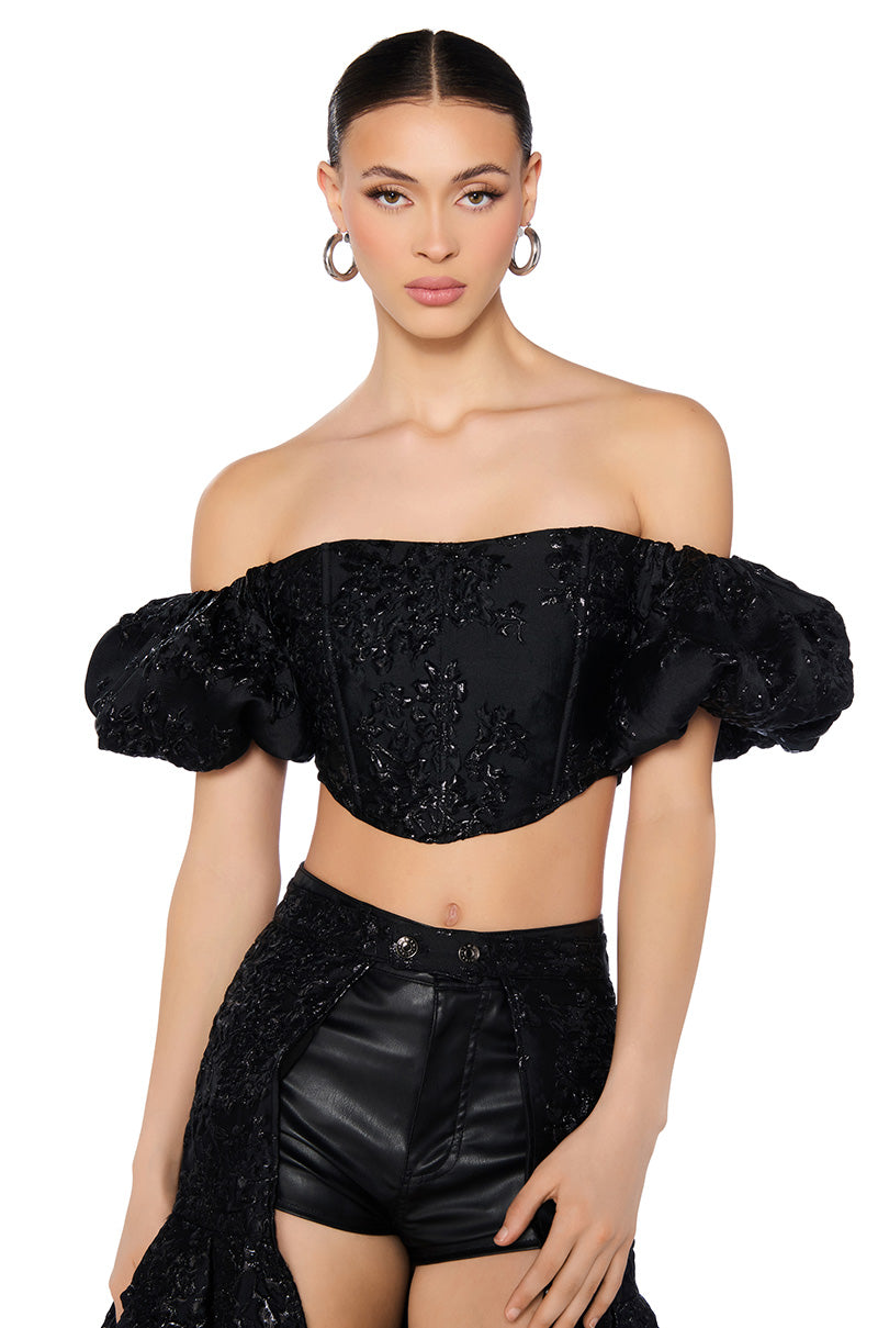 BEATRIX BROCADE OFF SHOULDER PUFF SLEEVE CORSET