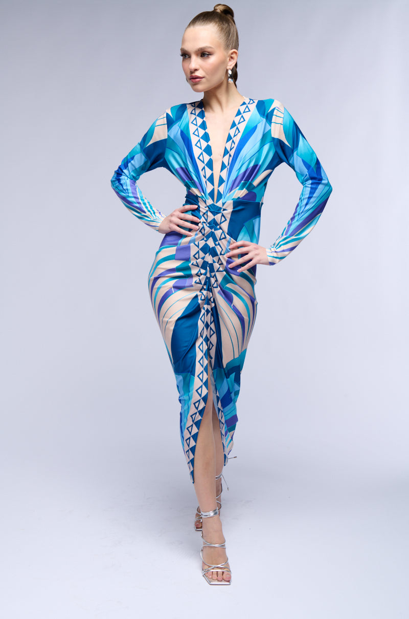 ODETTE SCARF PRINT MIDI DRESS IN TEAL