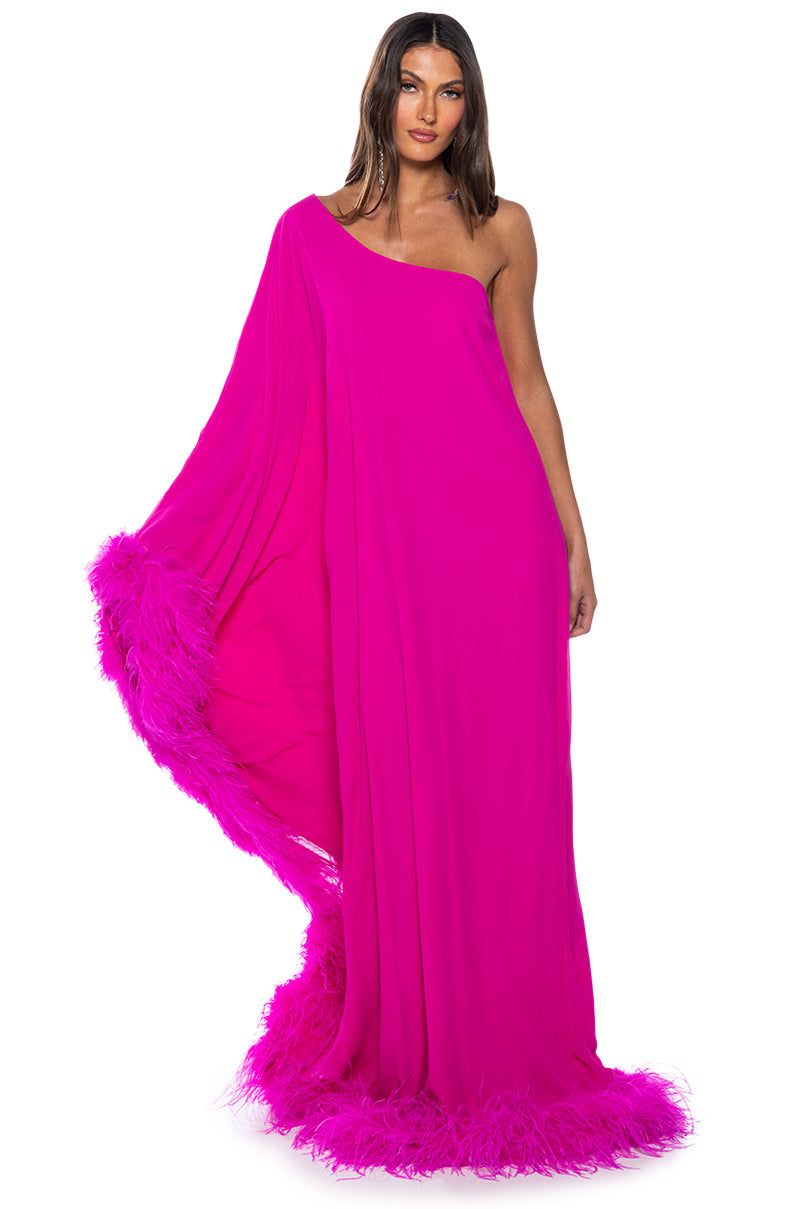 ELIZA ONE SHOULDER FEATHER MAXI