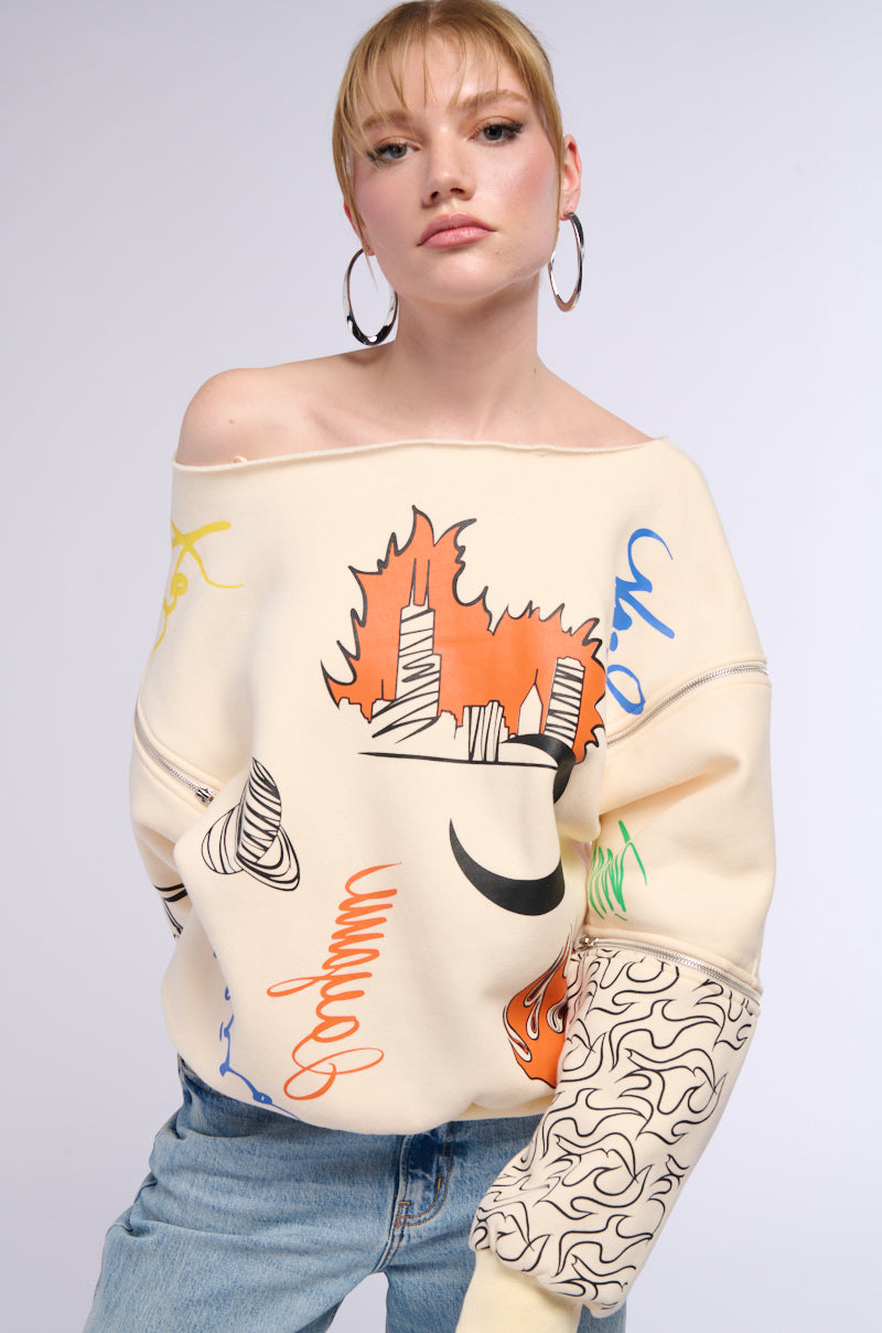 MONDRIAN OFF THE SHOULDER OVERSIZED SWEATSHIRT