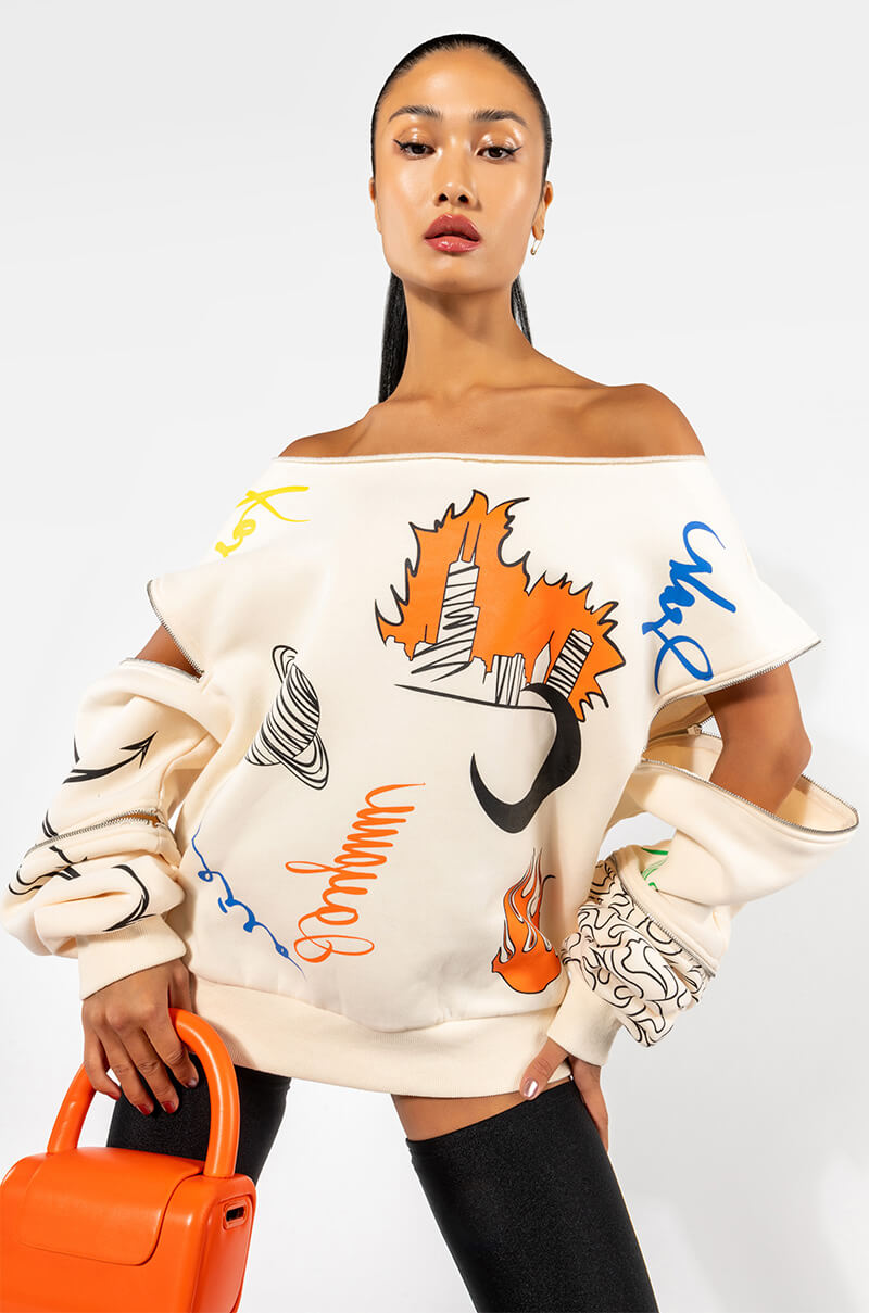 MONDRIAN OFF THE SHOULDER OVERSIZED SWEATSHIRT