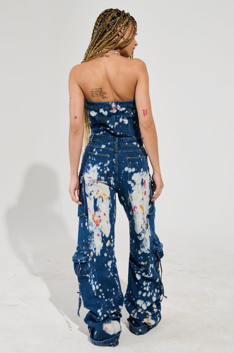 LAURYN STRAPLESS CARGO SPLATTERED DENIM JUMPSUIT