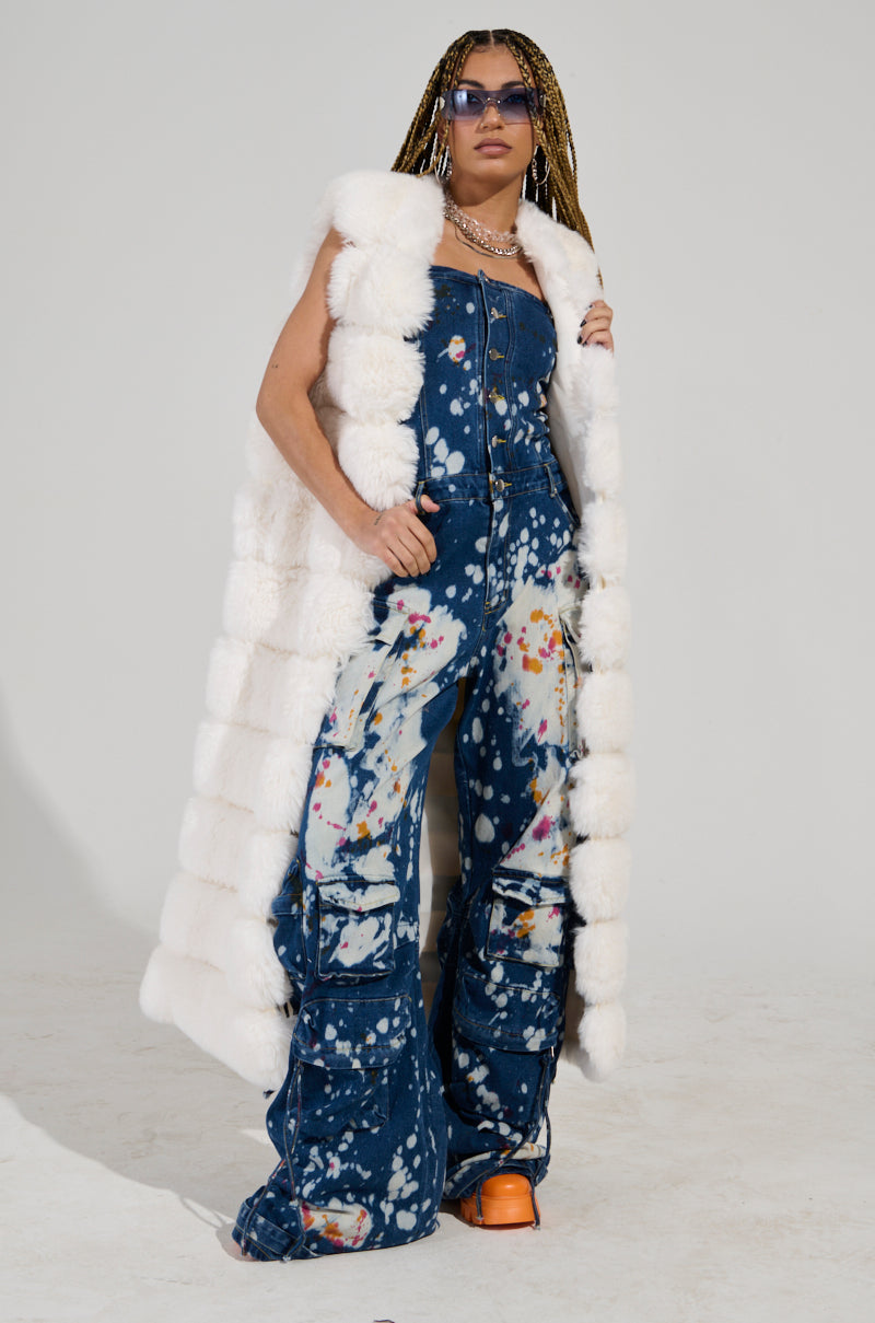 LAURYN STRAPLESS CARGO SPLATTERED DENIM JUMPSUIT