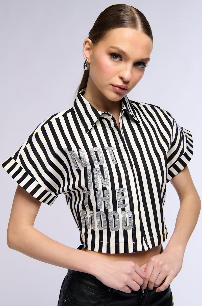 NOT IN THE MOOD STRIPED BUTTON DOWN CROP BLOUSE