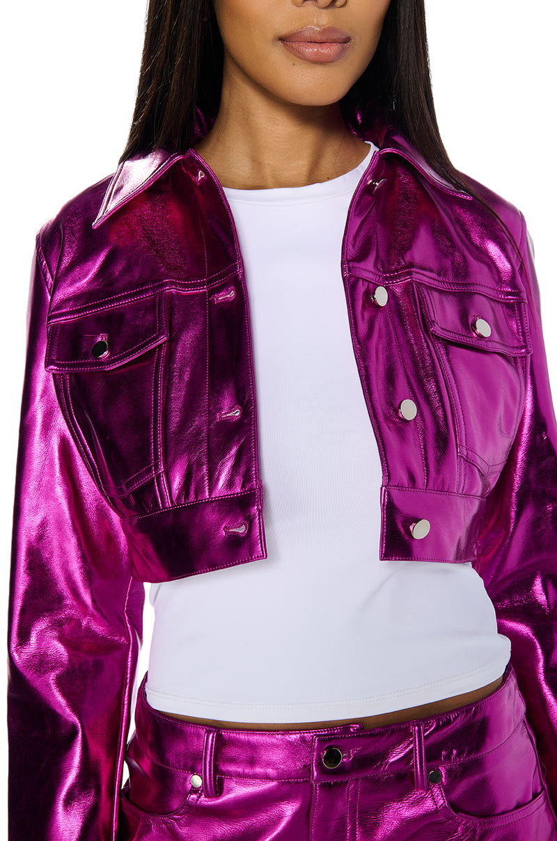 CELEBRATE METALLIC FAUX LEATHER CROP JACKET