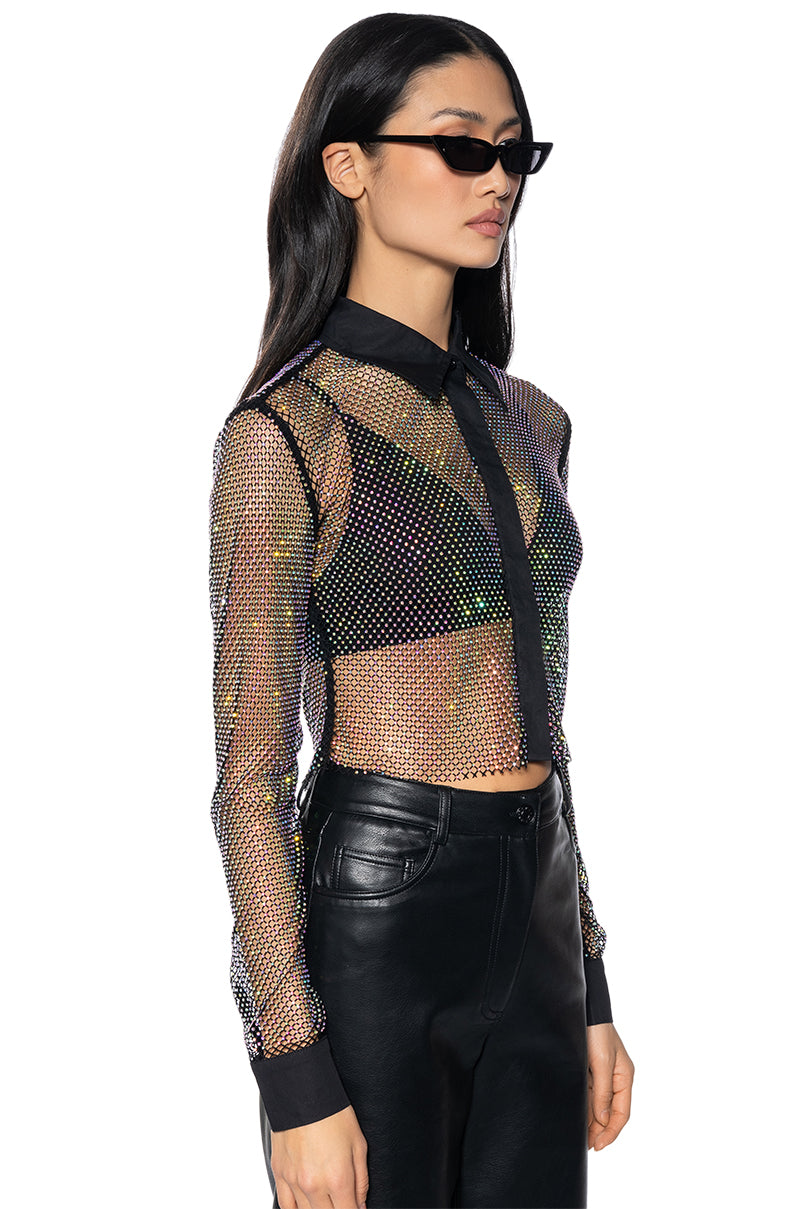 CLUB VIP RHINESTONE MESH BUTTON DOWN SHIRT