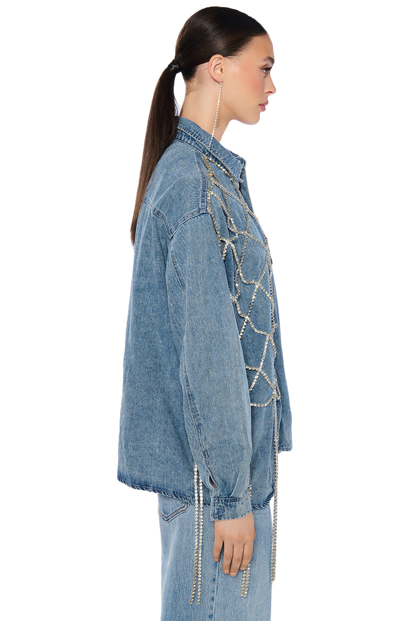 BLING RING RHINESTONE FRINGE BUTTON DOWN DENIM SHIRT