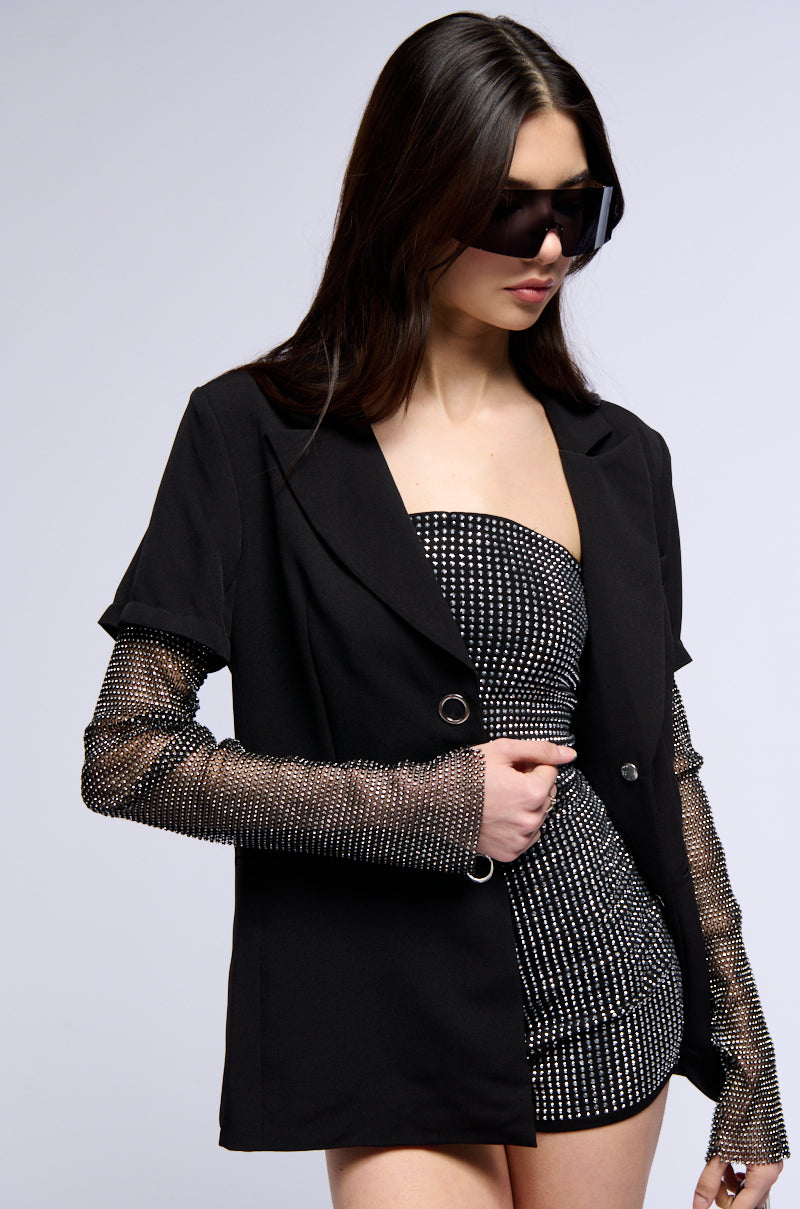 BONJOUR RHINESTONE SLEEVE BLAZER IN BLACK