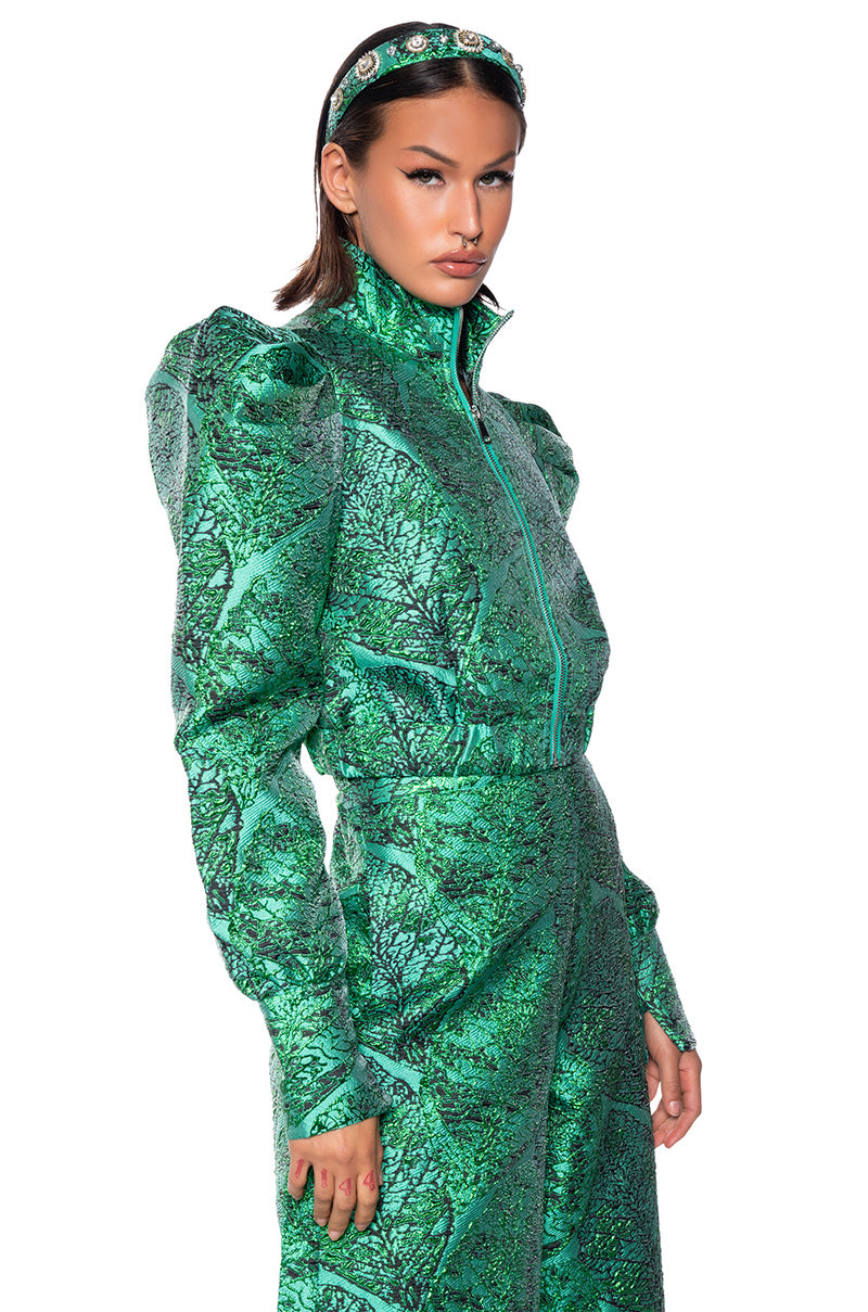 GREEN BROCADE PUFF SHOULDER BOMBER JACKET