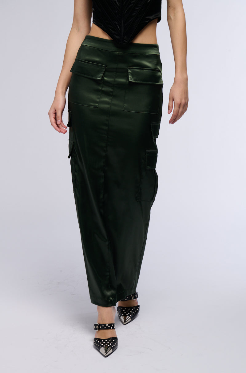 ALL IN SATIN CARGO POCKET MAXI SKIRT