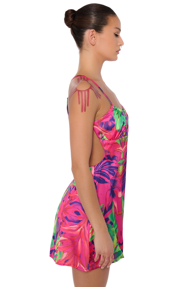 ON HOLIDAY SATIN PRINTED MINI DRESS